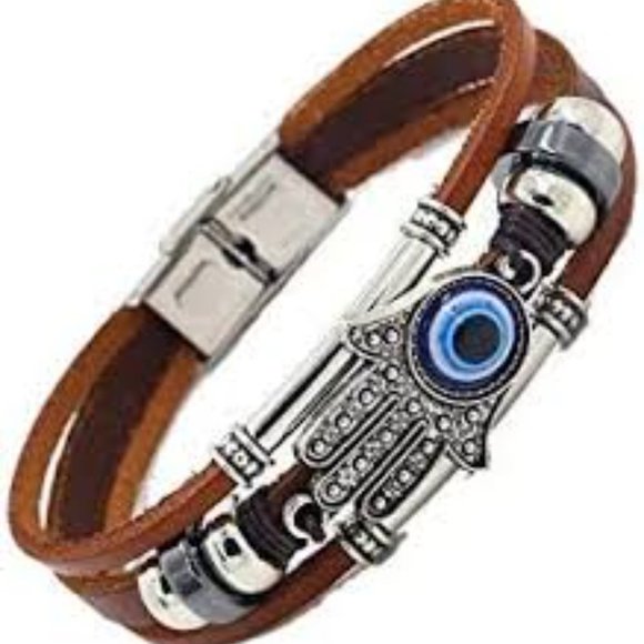 Stainless Steel Leather and Beaded Hamsa/Hand of Fatima Evil Eye NWT - Picture 5 of 6